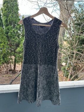 Theory Black and Cream Textured Knit Scoop Neck Dress